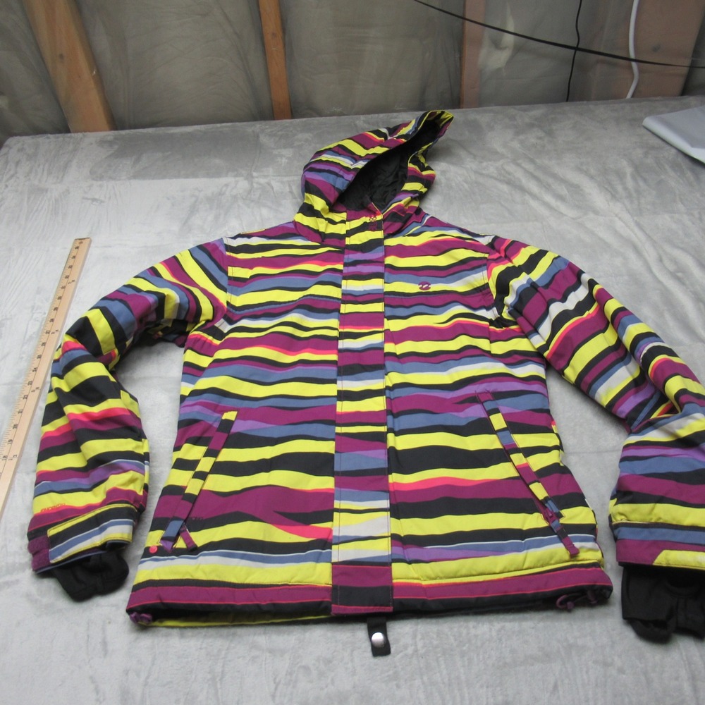 Billabong Jacket Women Small Yellow Striped Insulated Waterproof Altyr Snowboard